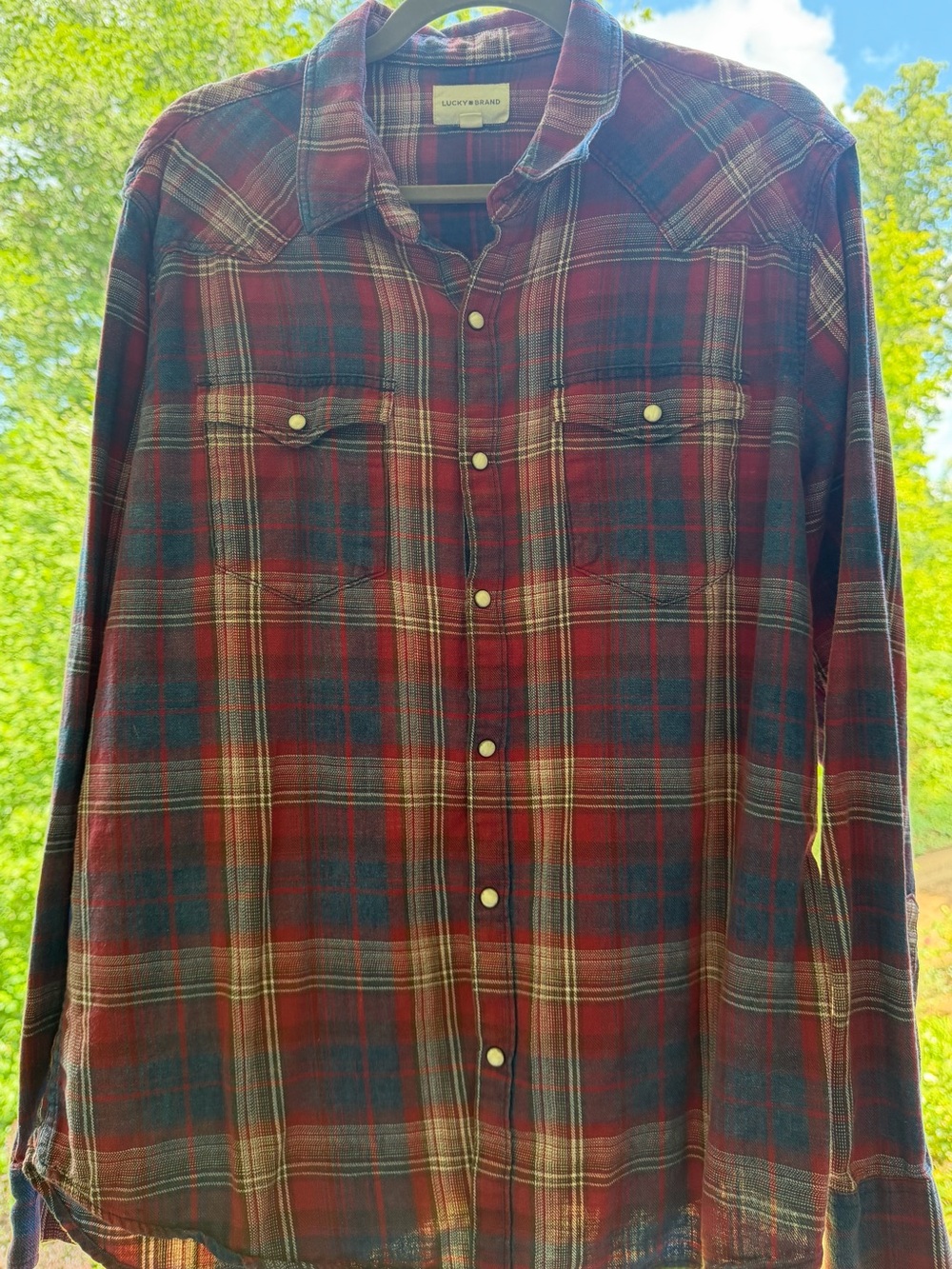 Lucky Brand Burgundy and Navy Plaid Button-Front Shirt